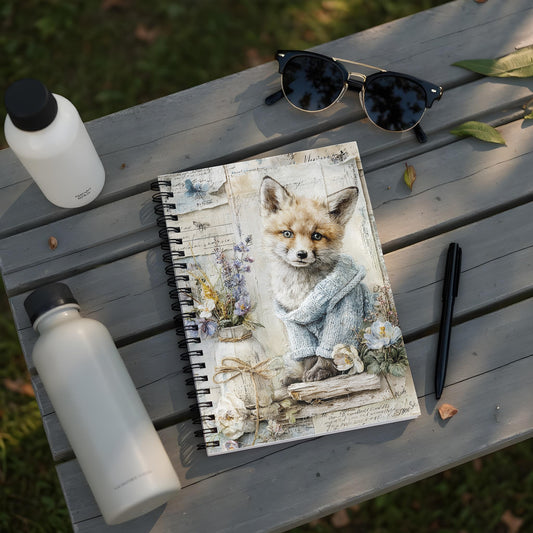 Spiral notebook with a cute fox illustration wearing a sweater, next to bottles and sunglasses.