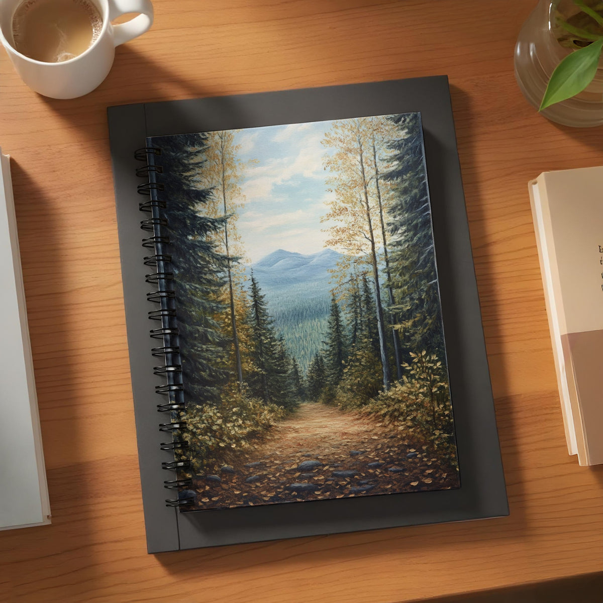 Spiral-bound journal with a forest path leading to distant mountains painting.