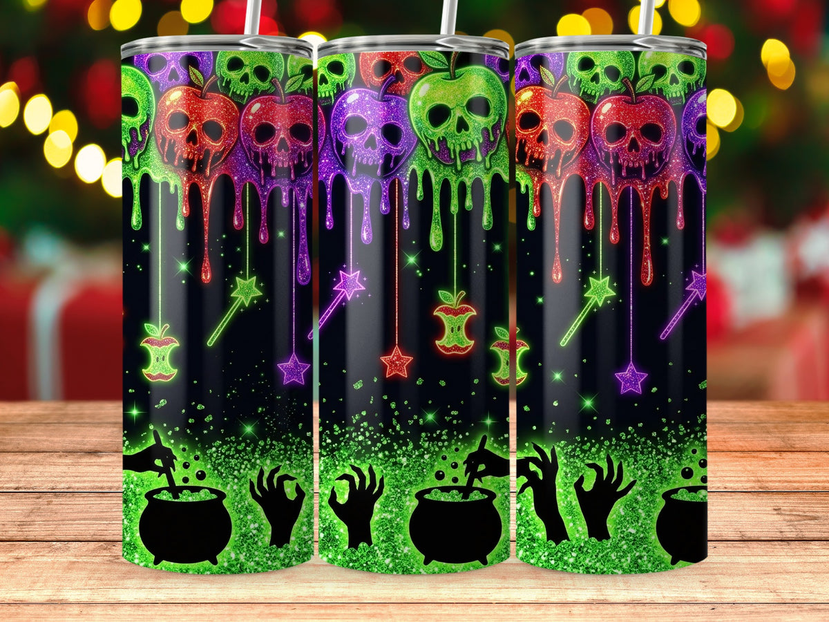 Tumbler with dripping skull apples, stars, cauldrons, and witch hands.