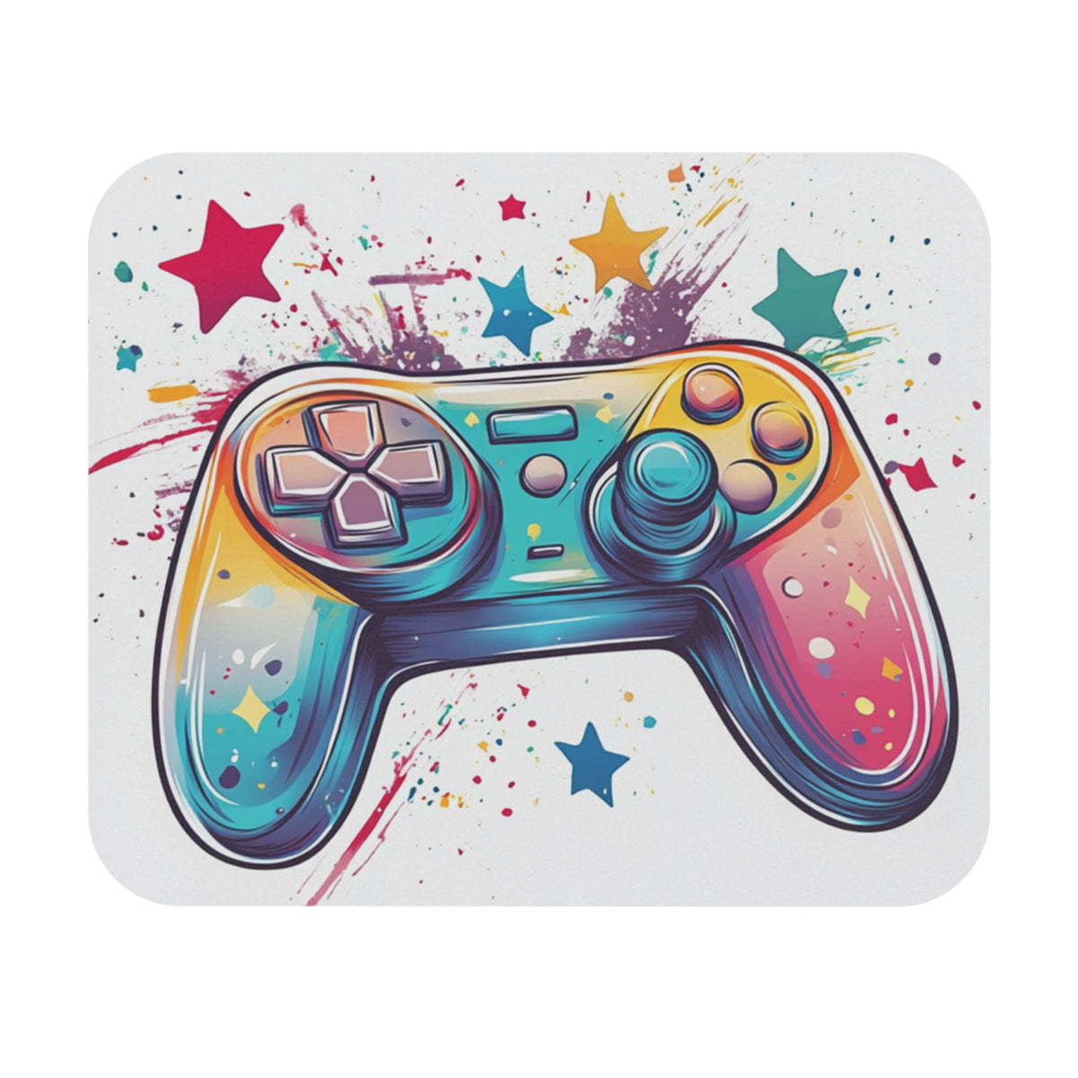 Vibrant, colorful video game controller with starbursts and paint splatters.