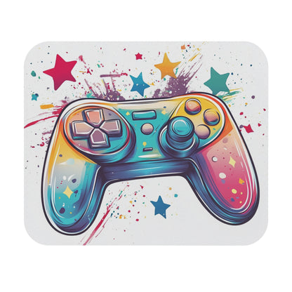 Vibrant, colorful video game controller with starbursts and paint splatters.