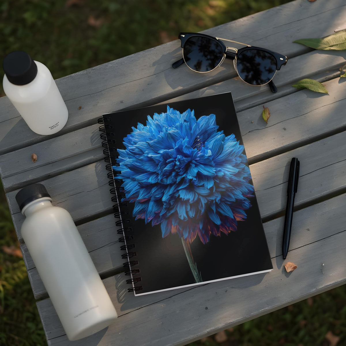 Spiral notebook with blue flower cover, water bottles, sunglasses, and pen on a wooden bench.