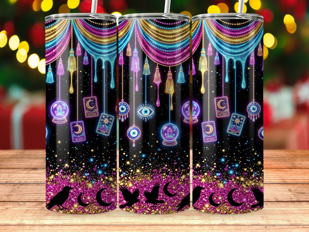 Three tumblers with a celestial, mystical design including tarot cards and moons.