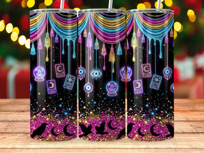 Three tumblers with a celestial, mystical design including tarot cards and moons.