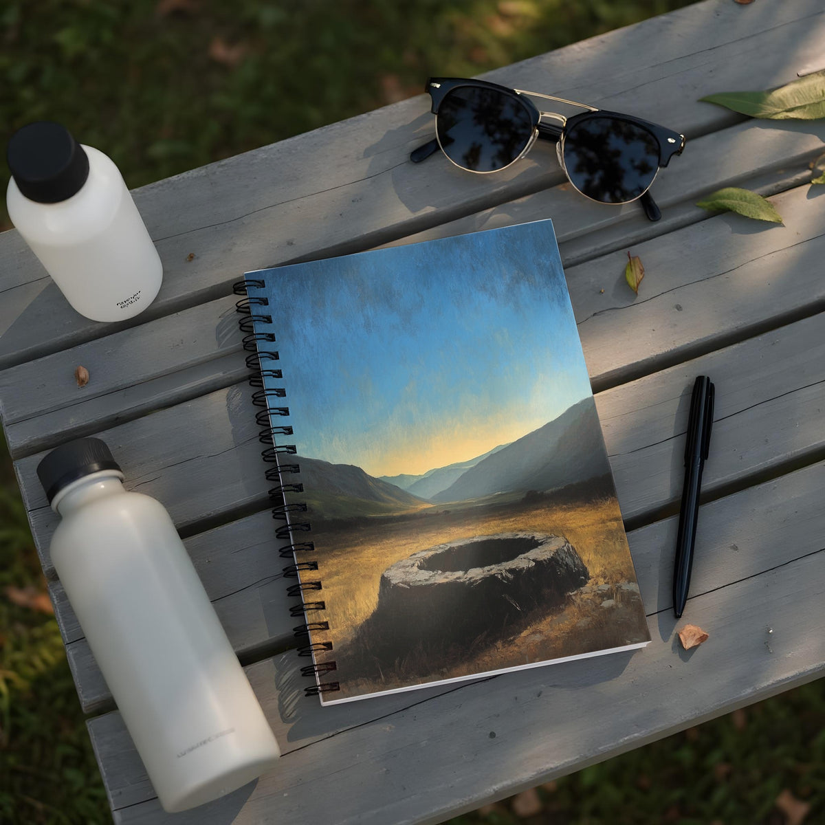 Spiral notebook featuring a landscape painting of mountains, a well, and a sunset sky.