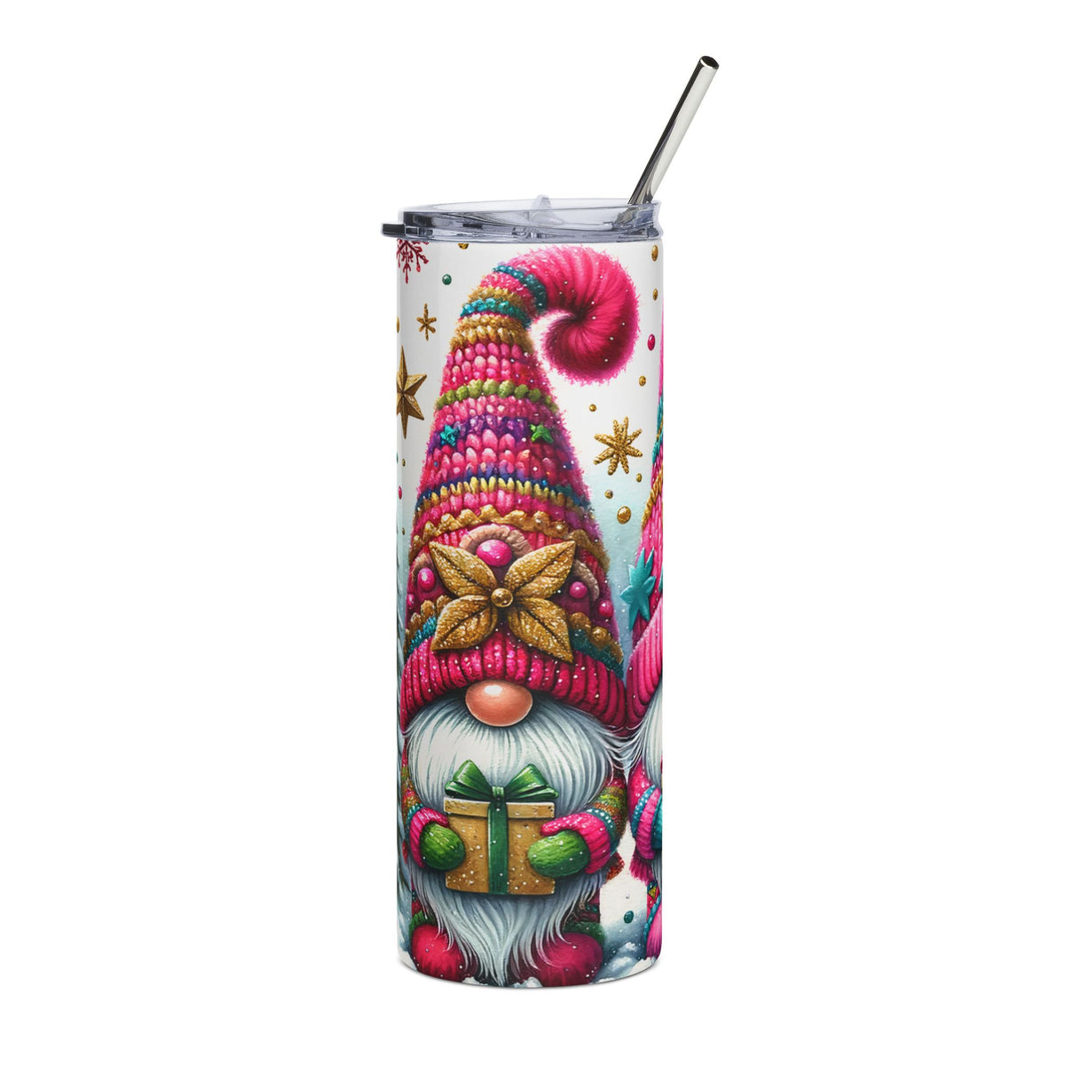Tumbler with Christmas gnomes, gifts, and snowflakes, featuring a straw.