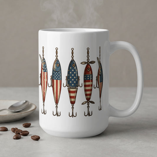 White mug with American flag fishing lures design and coffee beans.