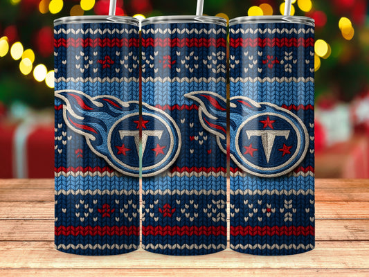 Tennessee Titans ugly Christmas sweater tumbler with logo.