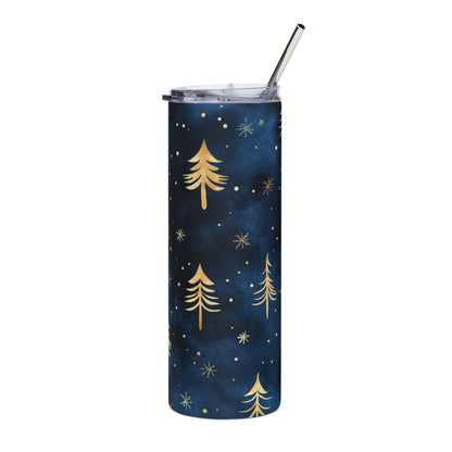 Dark blue tumbler with gold pine trees and snowflakes pattern and straw