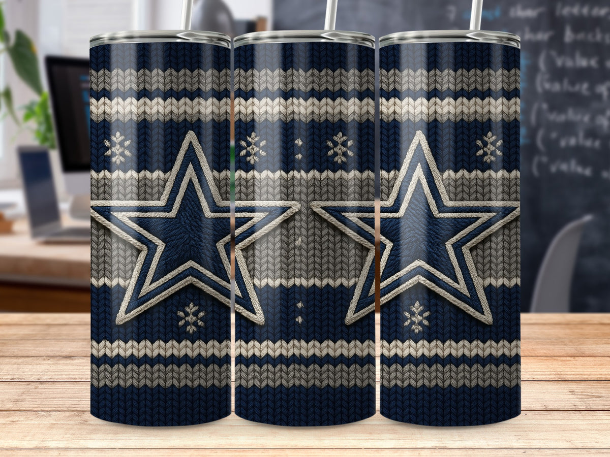 Dallas Cowboys star on a navy and gray knit pattern tumbler.