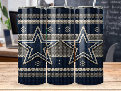 Dallas Cowboys star on a navy and gray knit pattern tumbler.