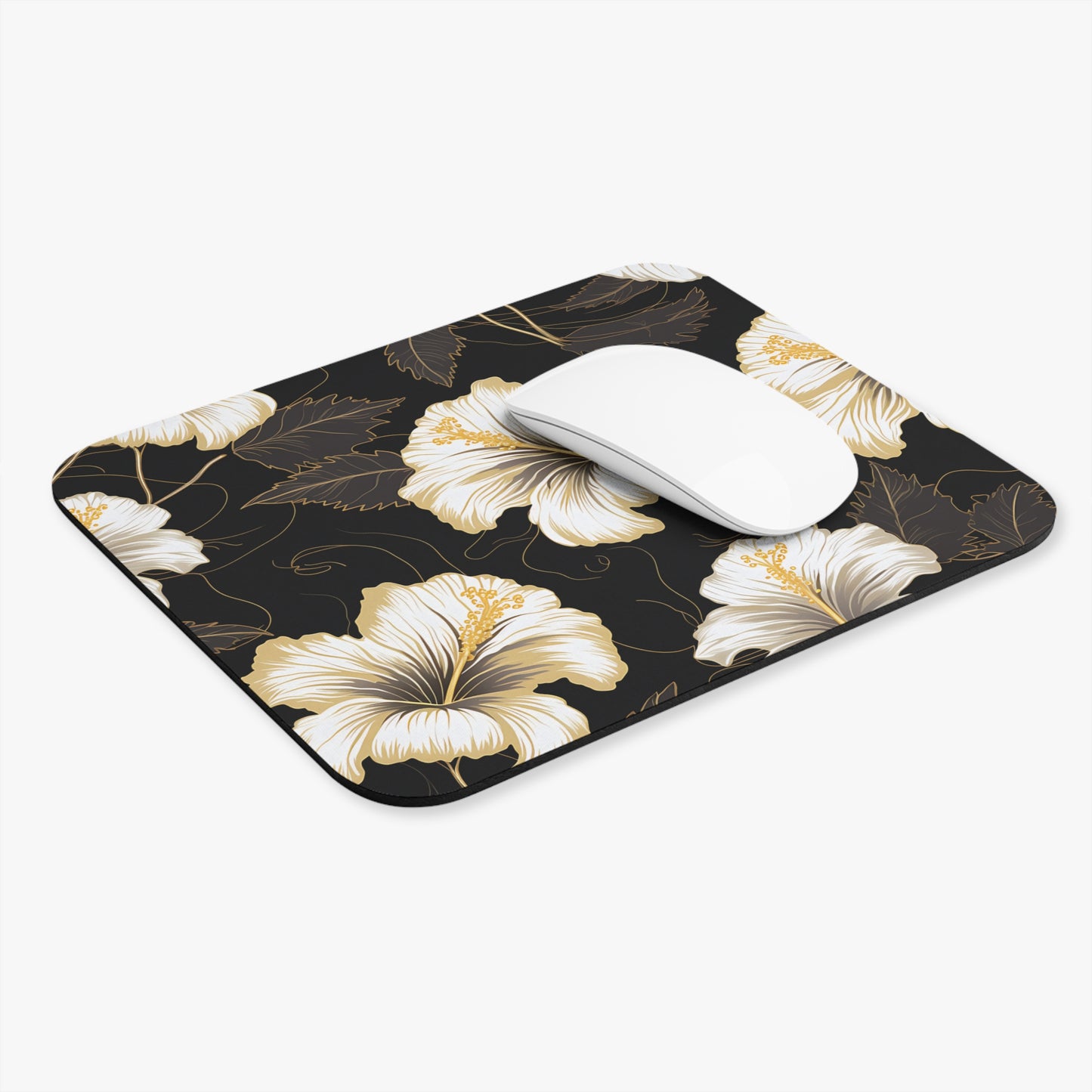 Mousepad with a black background and a gold and white hibiscus floral pattern.
