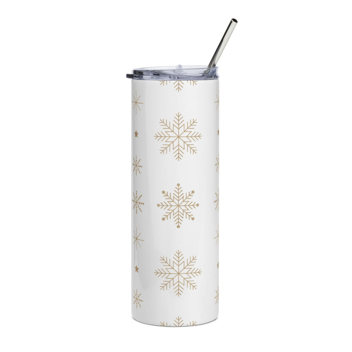 White tumbler with gold snowflake pattern and a silver straw.