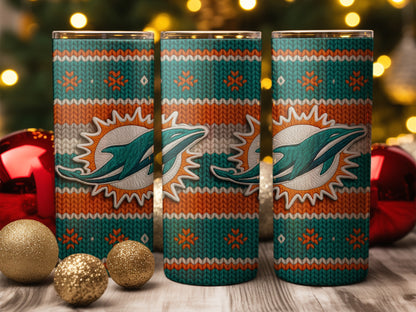 Three tumblers with Miami Dolphins logo in a Christmas sweater pattern.