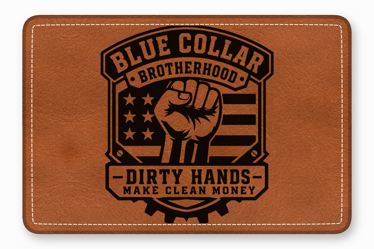 Brown leather patch featuring a laser-engraved design with a raised fist, American flag, and text.