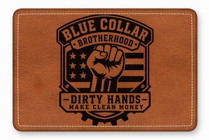 Brown leather patch featuring a laser-engraved design with a raised fist, American flag, and text.
