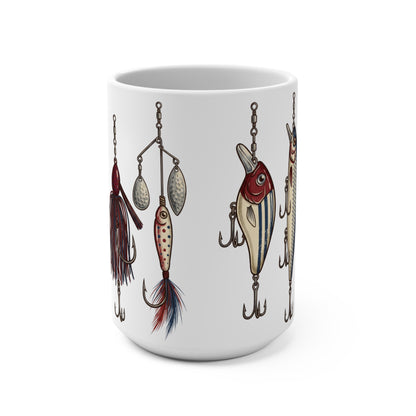 White mug with illustration of vintage fishing lures and hooks on a white background.