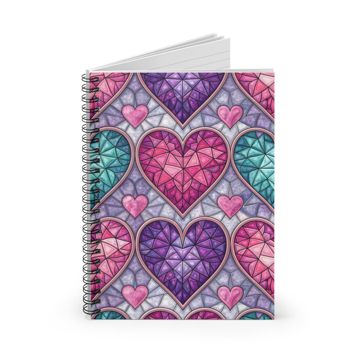 Spiral-bound notebook with a stained-glass heart pattern in pink, purple, and teal.