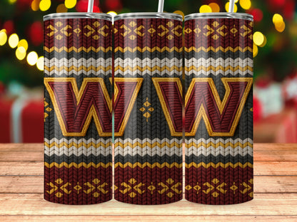 Three tumblers with a red, gold, gray, and white knit pattern and "WW" logos.