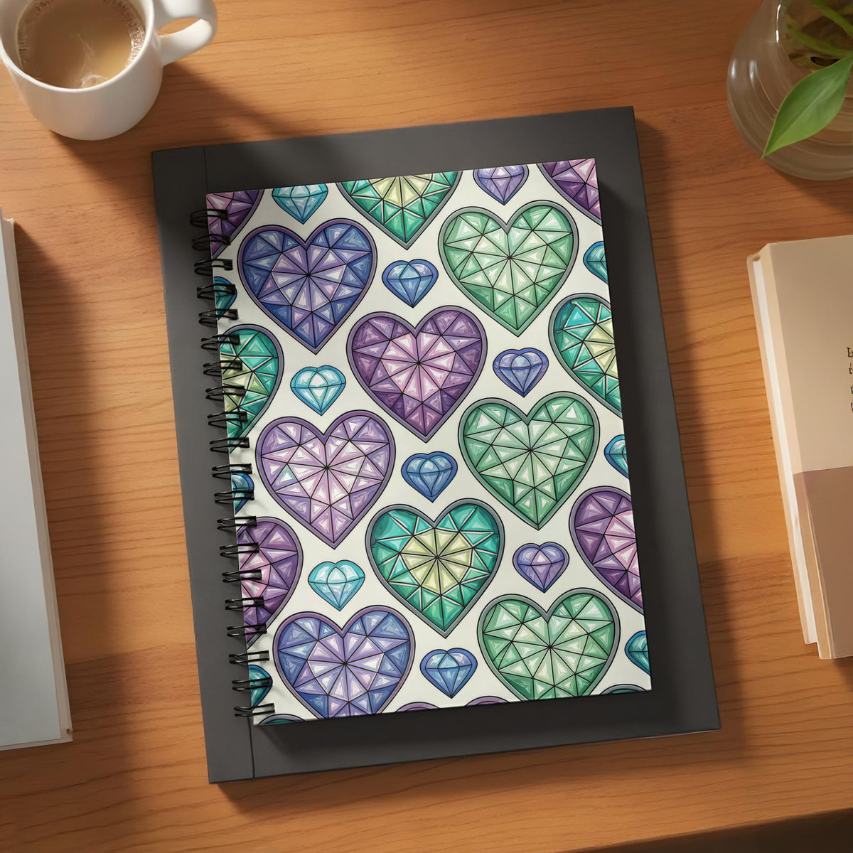 Notebook with gemstone heart pattern in purple, teal, and blue on white background.