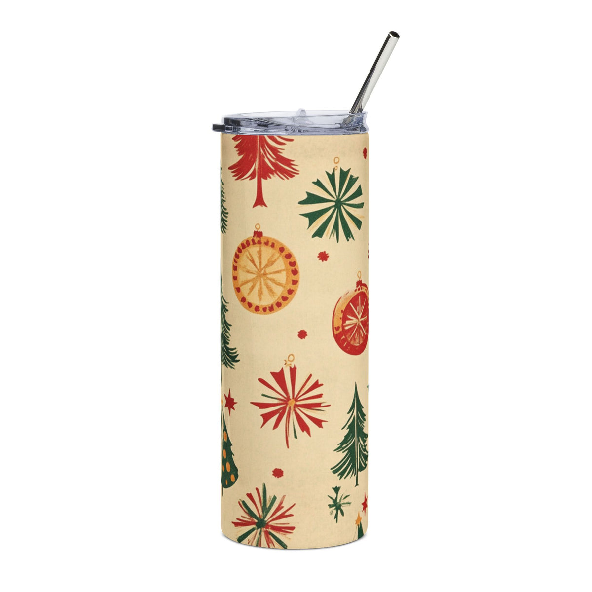 Tumbler with Christmas trees and ornaments pattern, includes straw and lid.