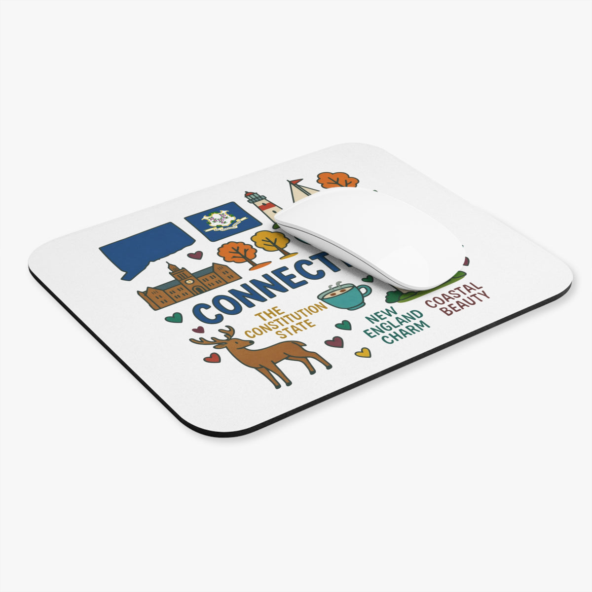 Connecticut mousepad with state outline, landmarks, deer, and text "CONNECTICUT THE CONSTITUTION STATE".