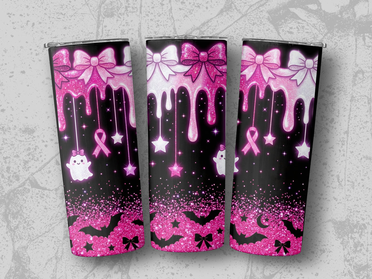 Three tumblers with pink glitter drips, ghosts, bats, stars, bows, and ribbons.