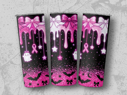Three tumblers with pink glitter drips, ghosts, bats, stars, bows, and ribbons.