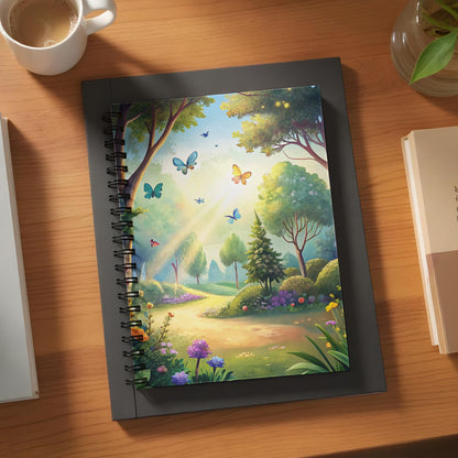 Spiral notebook with a fantasy landscape and butterflies on the cover.