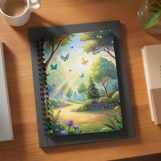Spiral notebook with a fantasy landscape and butterflies on the cover.