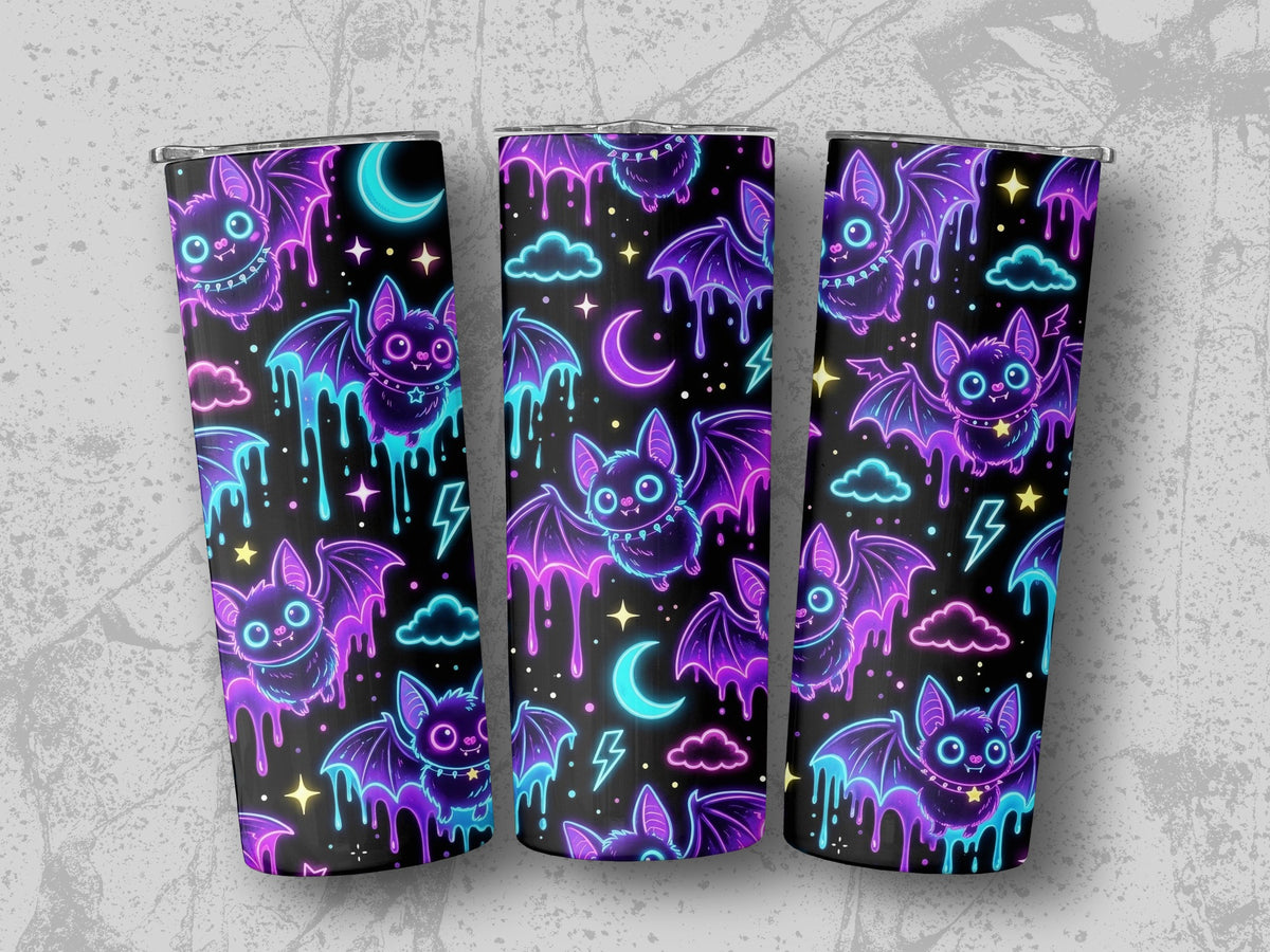 Three tumblers with a glowing neon bat, cloud, and moon pattern.