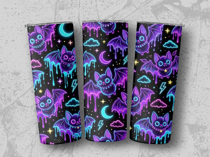 Three tumblers with a glowing neon bat, cloud, and moon pattern.