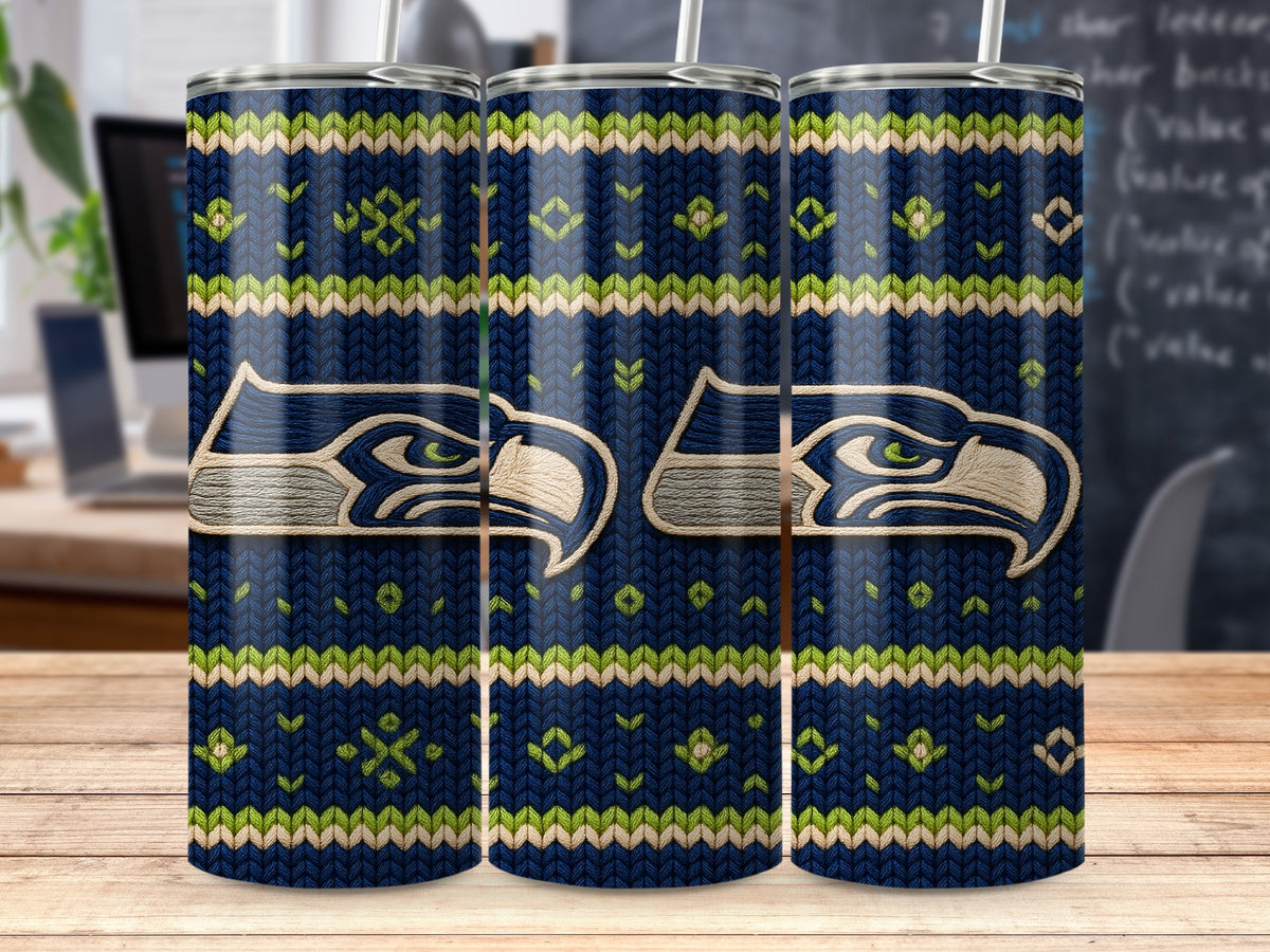 Seattle Seahawks logo on a navy blue, knitted pattern tumbler.