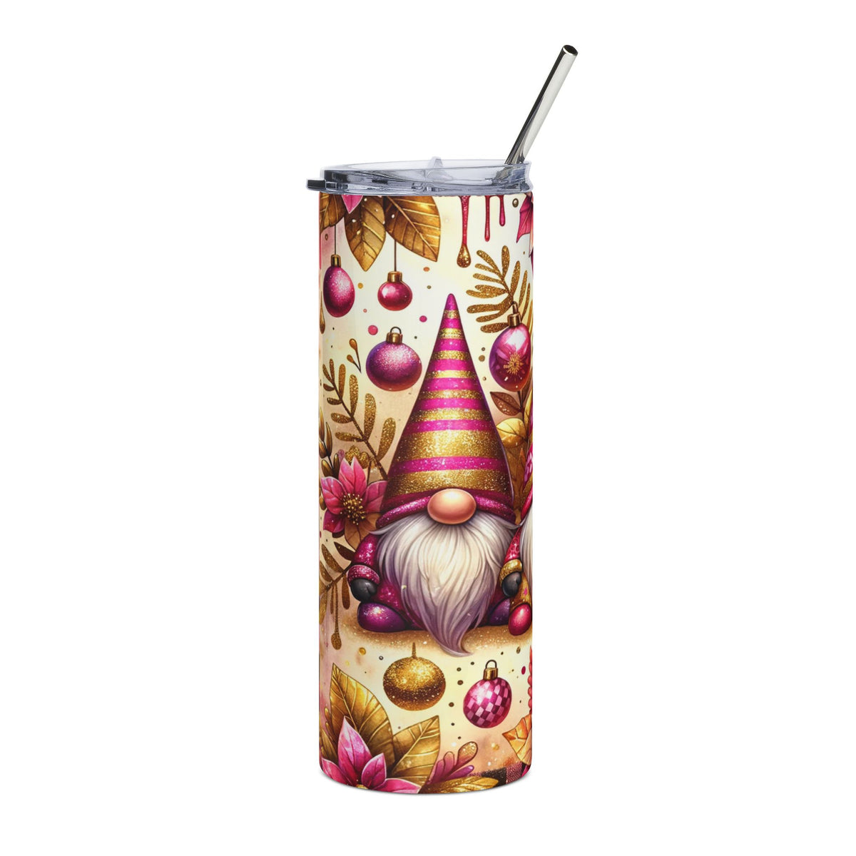 Gnome in striped hat with Christmas ornaments and festive foliage on a tumbler.