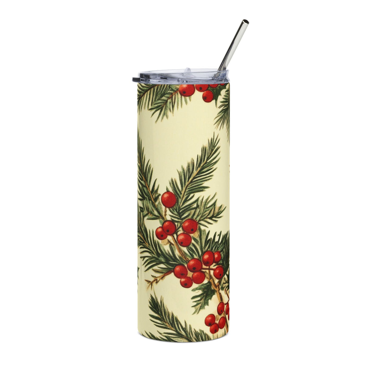 Tall tumbler with a vintage holly and pine branch pattern and metal straw.