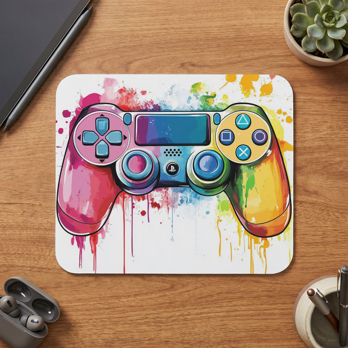 Video game controller with colorful watercolor splatters and drips.