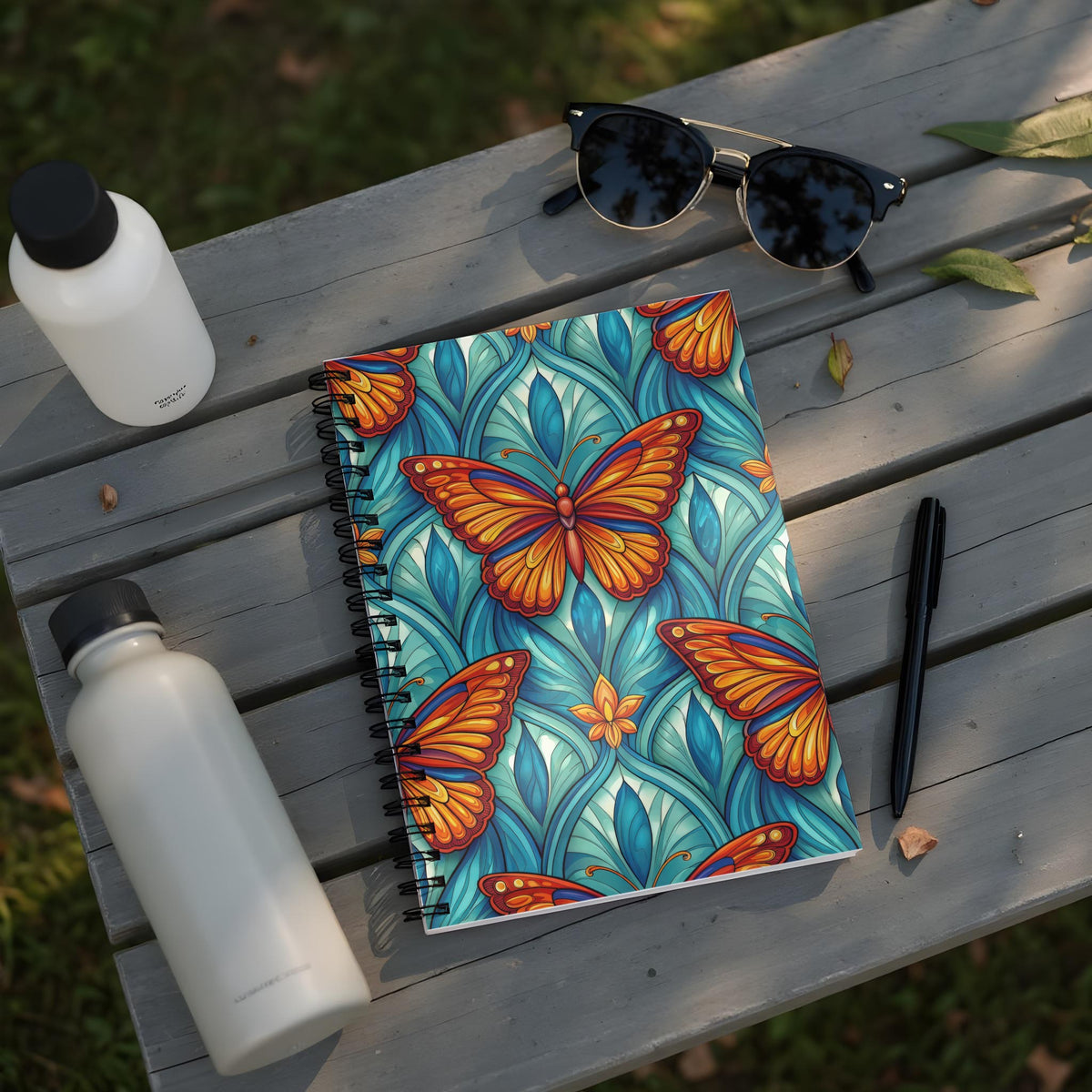 Spiral notebook with orange butterflies on a teal floral background.