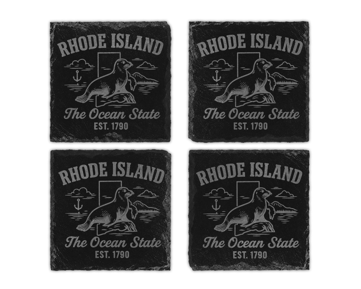 Four slate coasters featuring a seal and "Rhode Island The Ocean State EST. 1790".