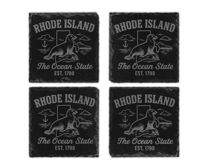 Four slate coasters featuring a seal and "Rhode Island The Ocean State EST. 1790".