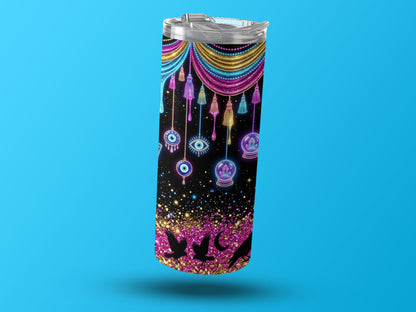 Black tumbler with celestial, evil eye, and crystal ball design on a blue background.