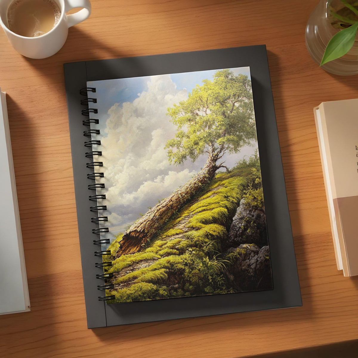 Spiral bound notebook with painting of a lone tree on a mossy hill under a cloudy sky.
