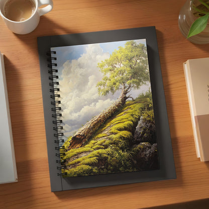 Spiral bound notebook with painting of a lone tree on a mossy hill under a cloudy sky.