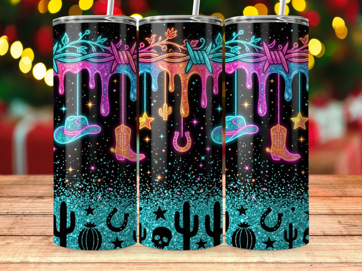 Three tumblers with barbed wire, dripping paint, cowboy hats, boots, and desert motifs.