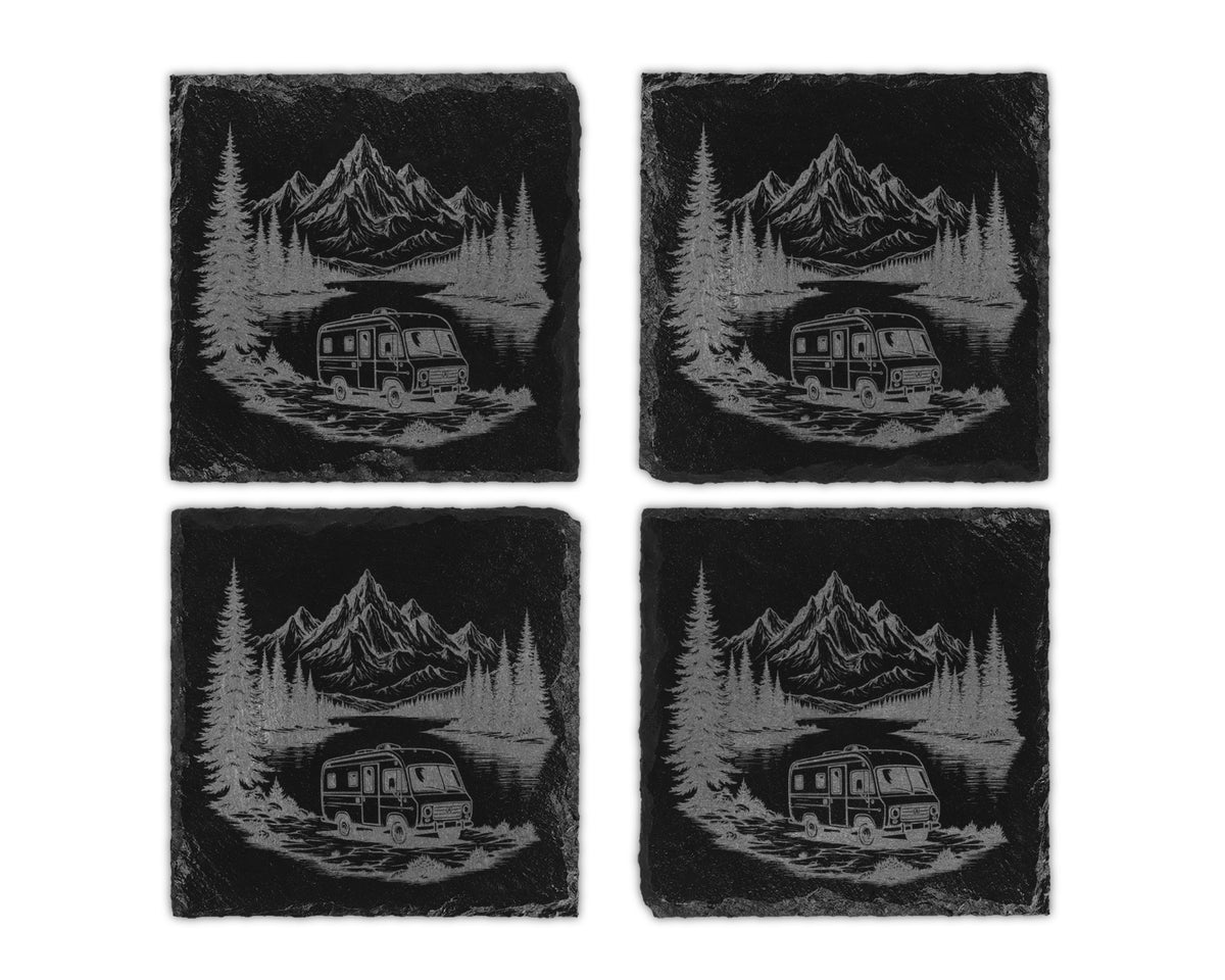 Four slate coasters with engraved mountain and RV landscape scenes.