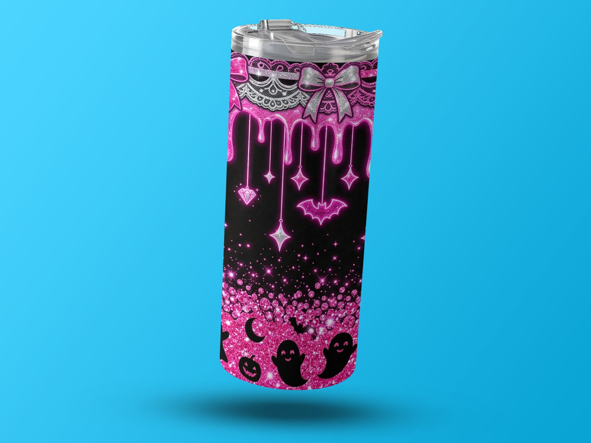 Black tumbler with pink dripping lace, stars, bat, moon, and ghost design.