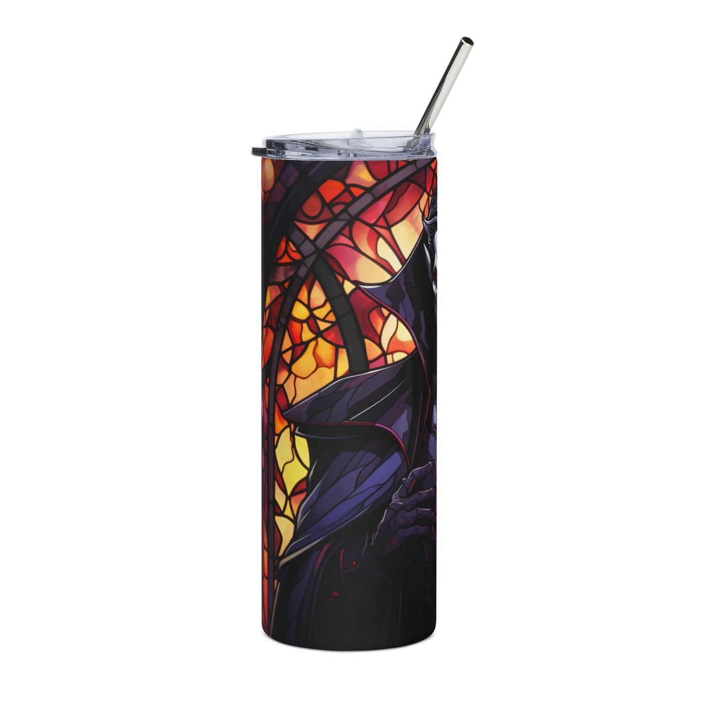 Tumbler with a dark figure against a stained-glass background.