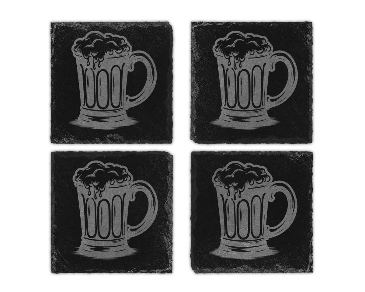 Set of four slate coasters with etched beer mug designs.