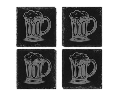Set of four slate coasters with etched beer mug designs.