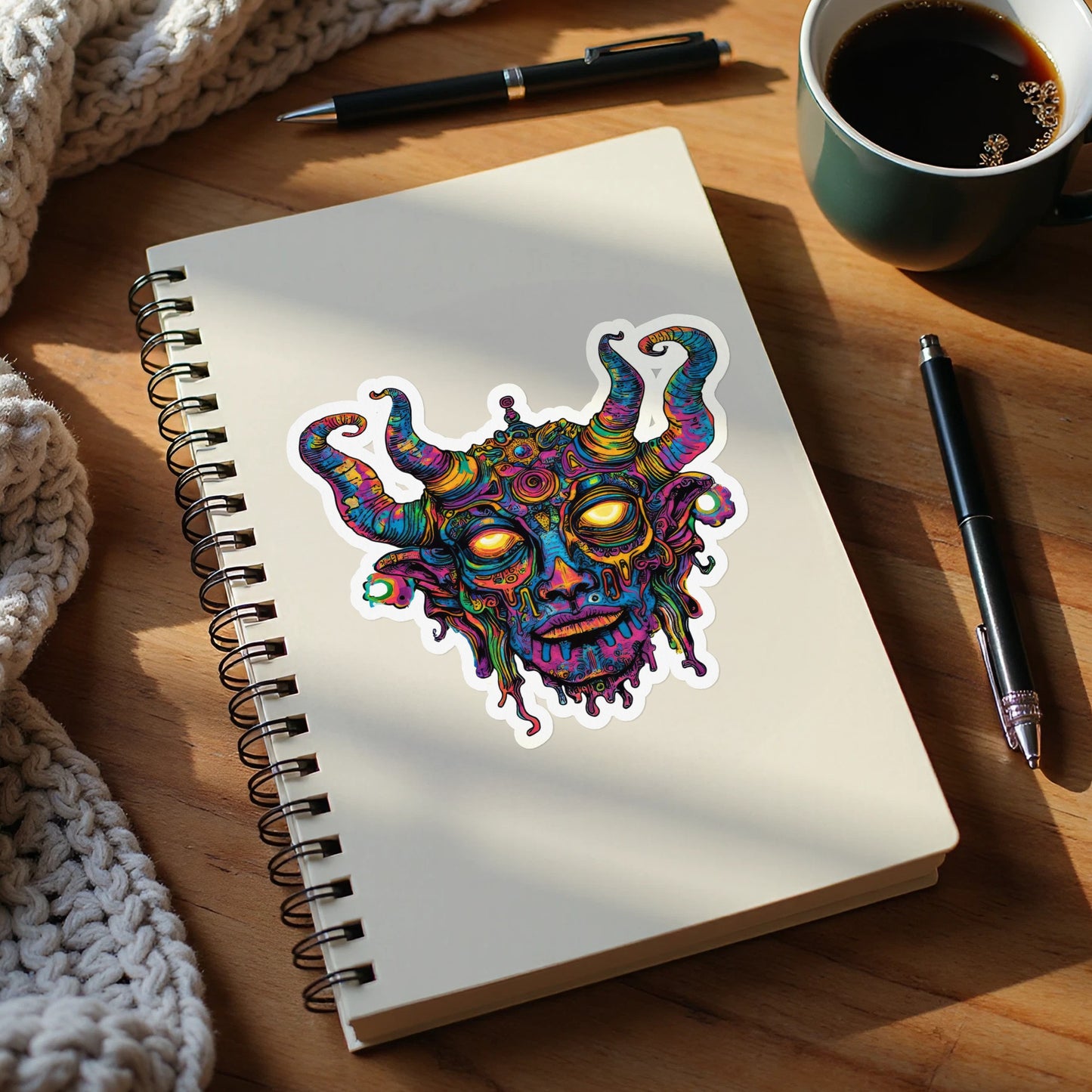 Colorful sticker of a melting demonic face with horns on a spiral notebook.
