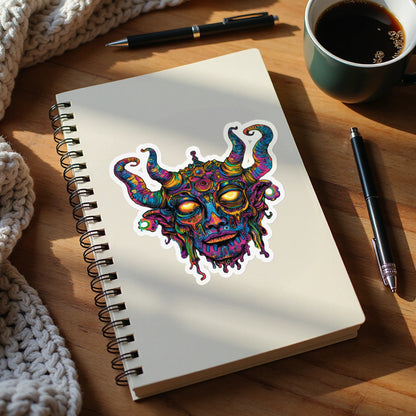 Colorful sticker of a melting demonic face with horns on a spiral notebook.